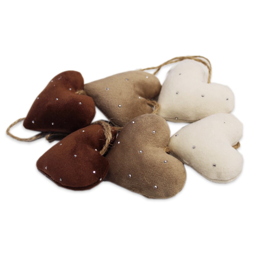 Srdce textil závěs 6ks 6cm hnědý mix